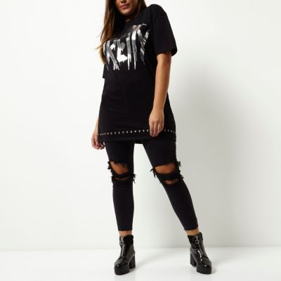 Plus black metallic print longline T-shirt